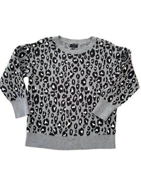 Lucky Brand Sweater Size 2X Gray Leopard Print Crew Neck Soft Knit Pullover